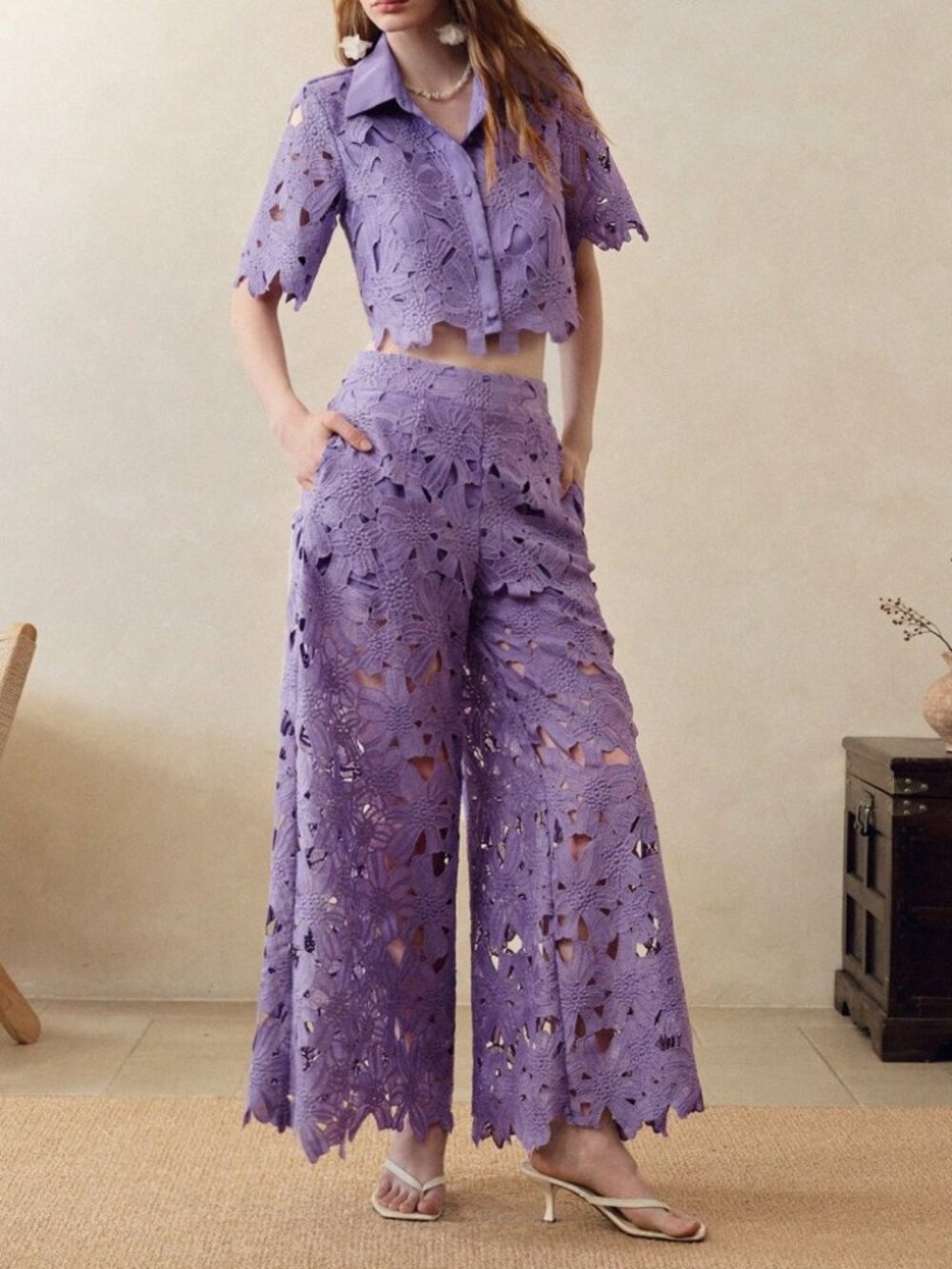 Lilac Floral Lace Crop Top & Wide Leg Pants Set